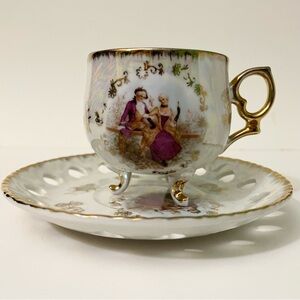 Vintage Japanese Iridescent Lusterware Footed Teacup & Reticulated Saucer